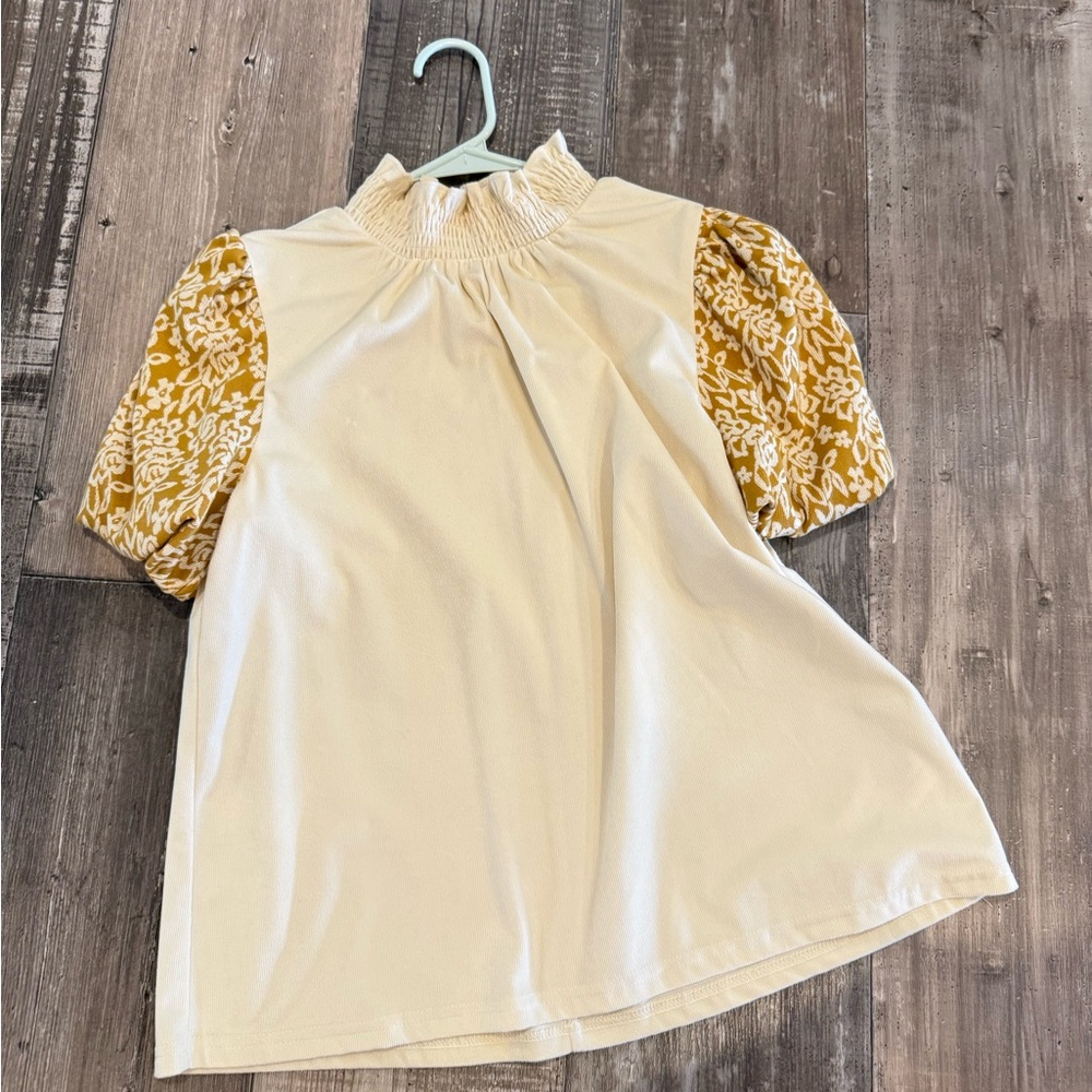 Women’s Cream Blouse with Mustard Floral Puff Sleeves